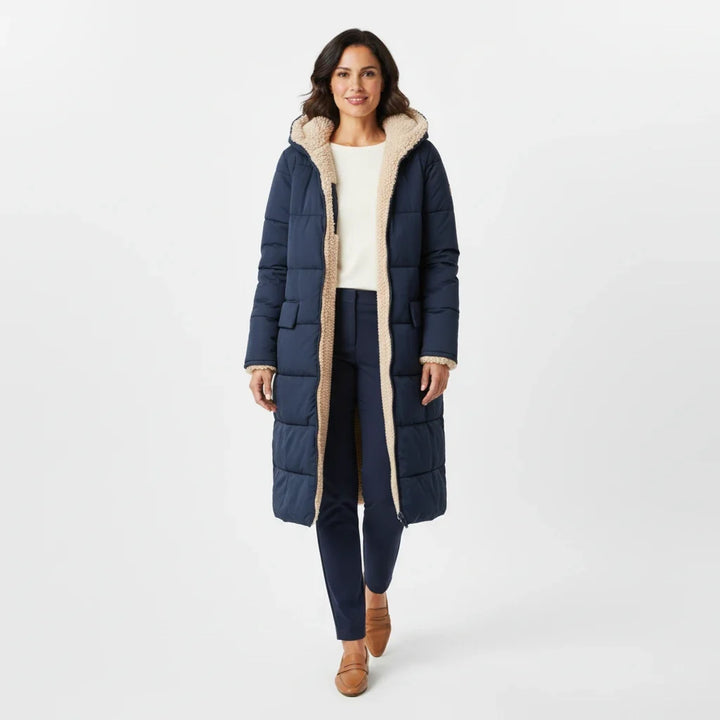 Women's oversized quilted jacket, a cozy hooded puffer for fall winter & cold weather.