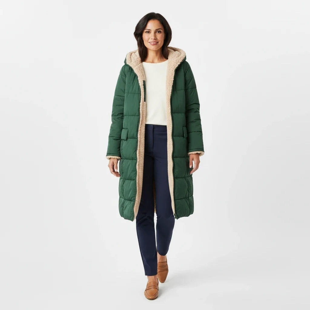 Oversized women's puffer coat, a cozy hooded winter jacket for ultimate fall winter comfort.