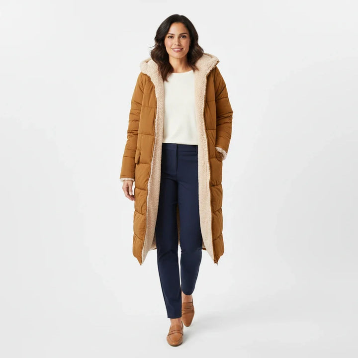 Stylish women's long puffer jacket with hood, perfect for fall winter & cozy style.