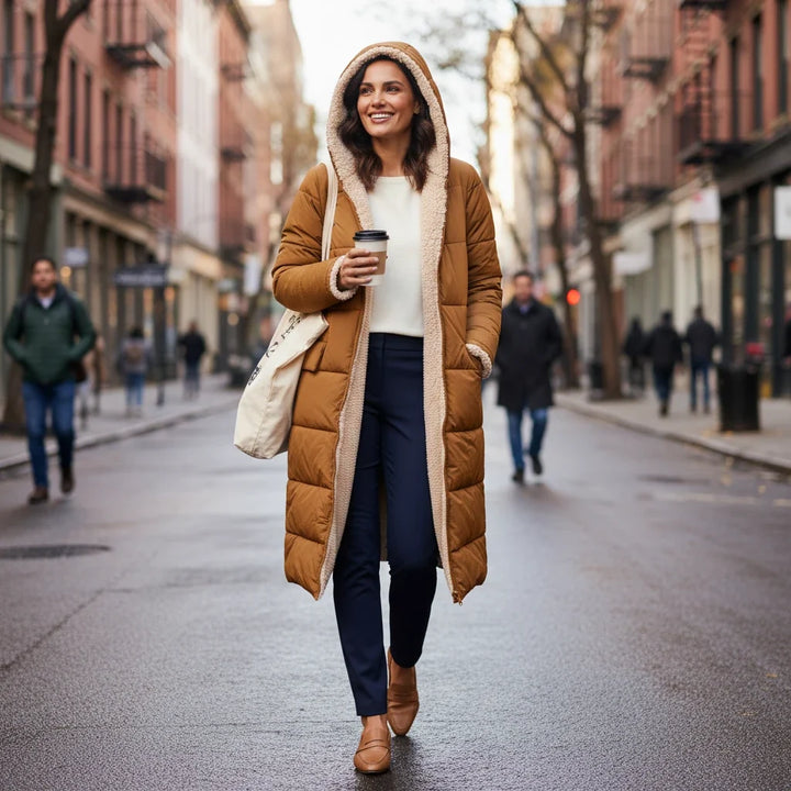 Oversized quilted puffer jacket for women, a warm winter essential & cold weather outerwear.