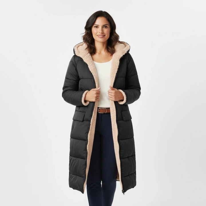 Women's hooded winter puffer coat, featuring a cozy design for cold weather fashion.
