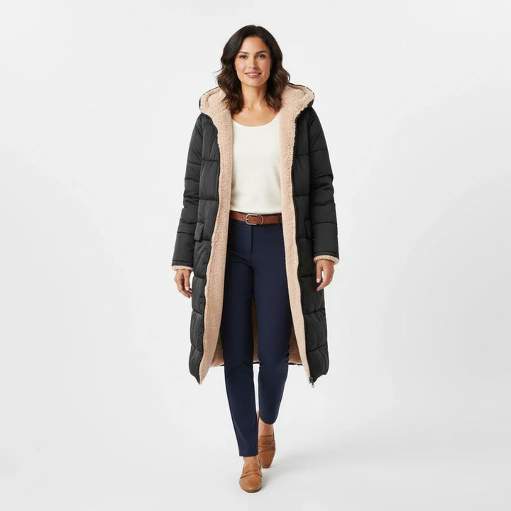 Long women's puffer jacket with hood, essential cold weather outerwear & fall winter fashion.