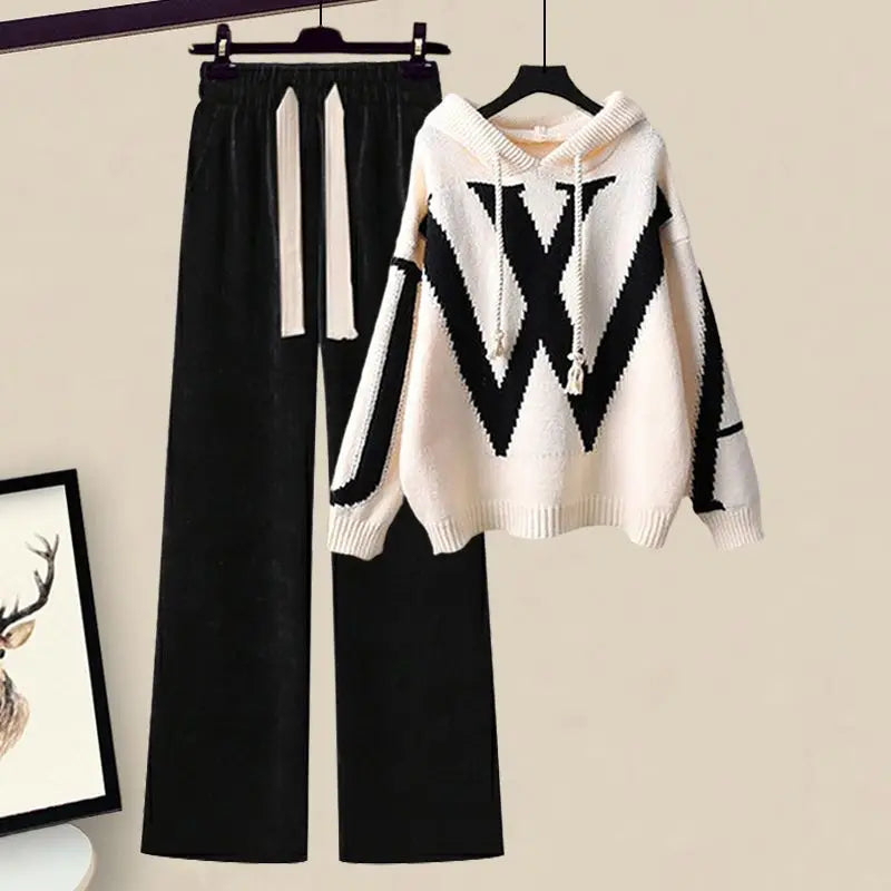 Women's cozy knit sweater & wide-leg pants matching set, perfect for autumn loungewear.