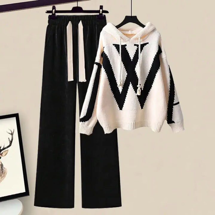 Women's cozy knit sweater & wide-leg pants matching set, perfect for autumn loungewear.