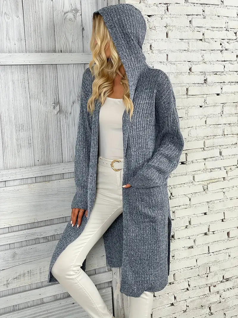 Women's cozy long knitted cardigan, perfect for layering in fall & winter fashion.