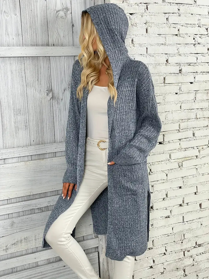 Women's cozy long knitted cardigan, perfect for layering in fall & winter fashion.