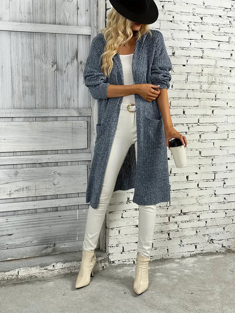 Stylish ladies' long knit cardigan with cozy texture, ideal for autumn & winter warmth.