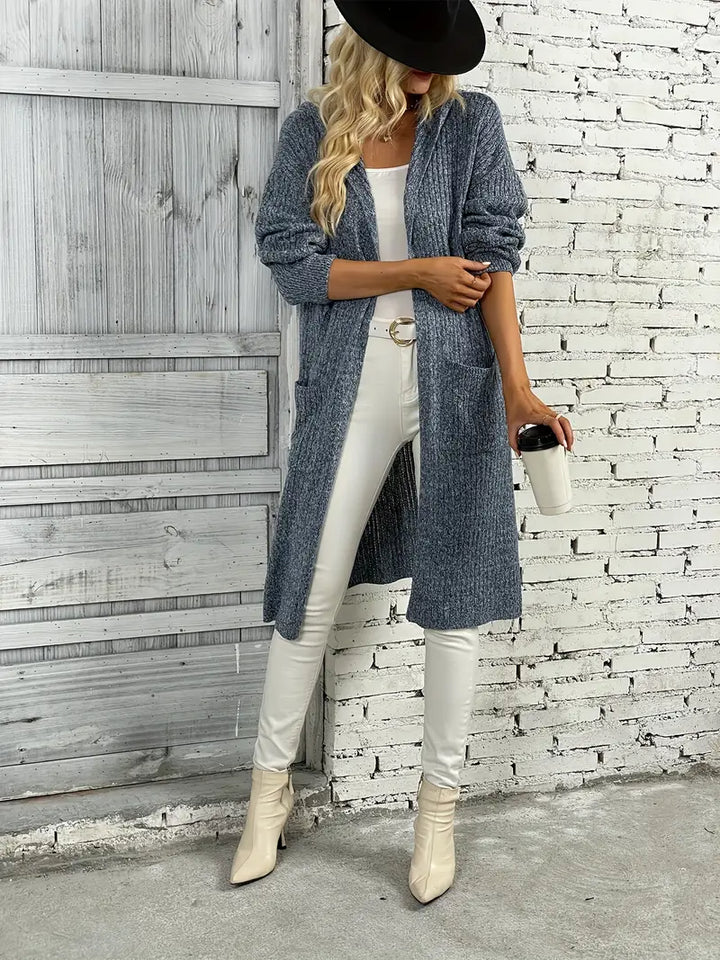 Stylish ladies' long knit cardigan with cozy texture, ideal for autumn & winter warmth.