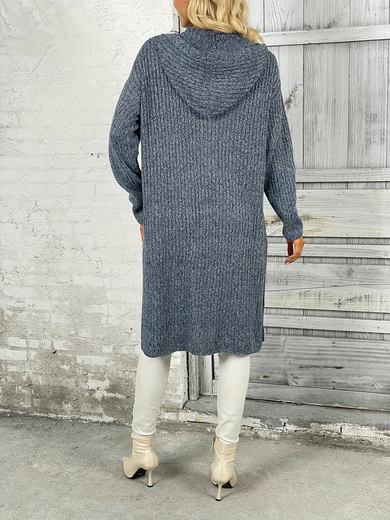 Comfortable women's long knitted cardigan, versatile layering for cold fall & winter days.
