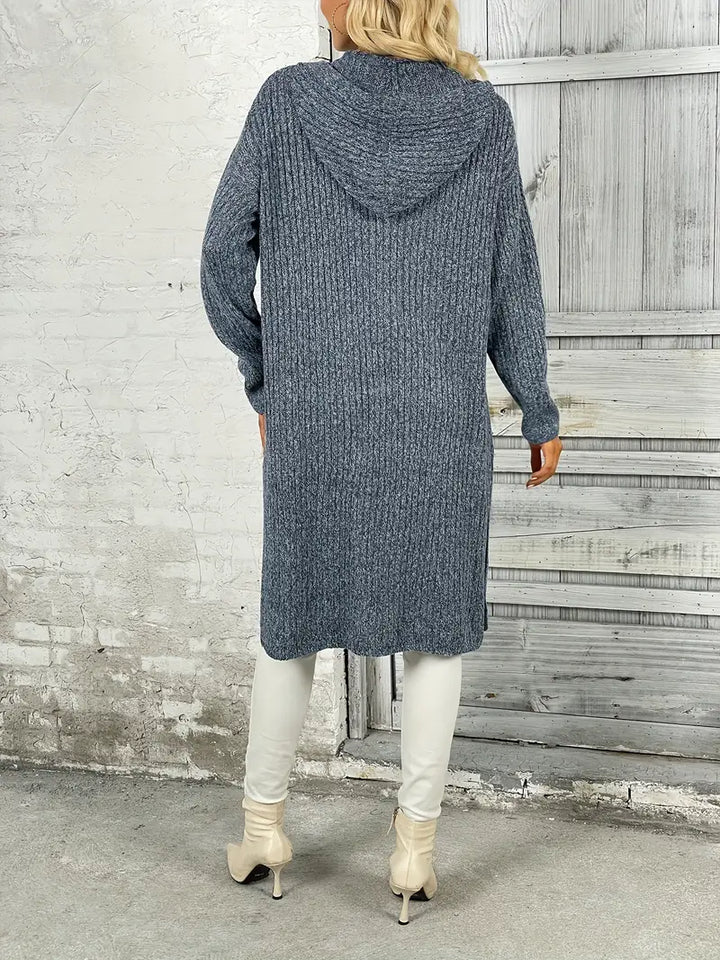 Comfortable women's long knitted cardigan, versatile layering for cold fall & winter days.