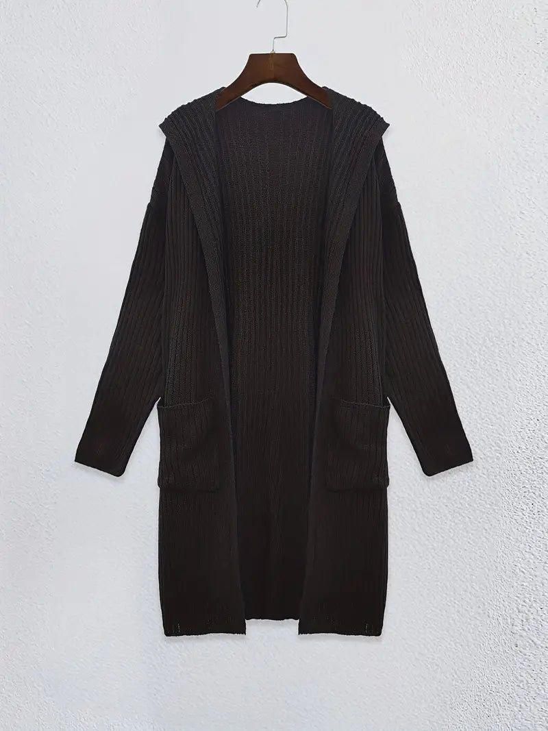 Soft, long knitted cardigan for women, providing cozy warmth and stylish layering in fall & winter.