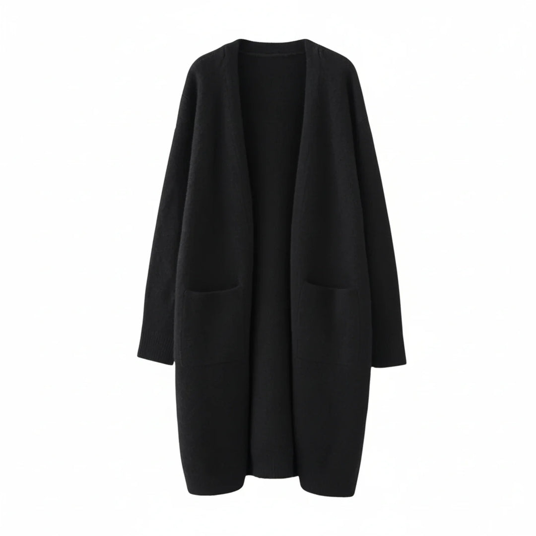 Women's cozy long open front cardigan, perfect for winter layering. Relaxed fit with patch pockets for casual wear.