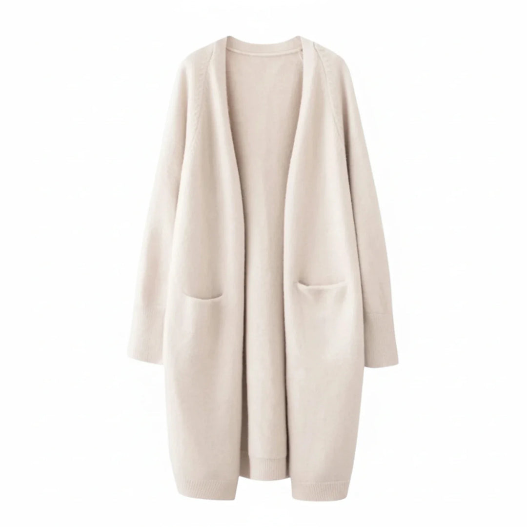 Soft women's long open front cardigan. Cozy winter layering piece, perfect for comfort and style in cold weather.