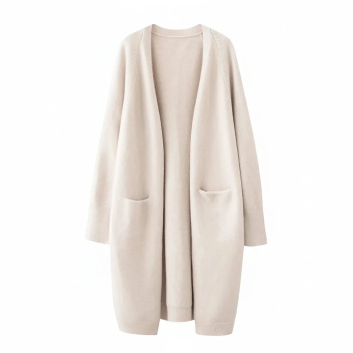 Soft women's long open front cardigan. Cozy winter layering piece, perfect for comfort and style in cold weather.