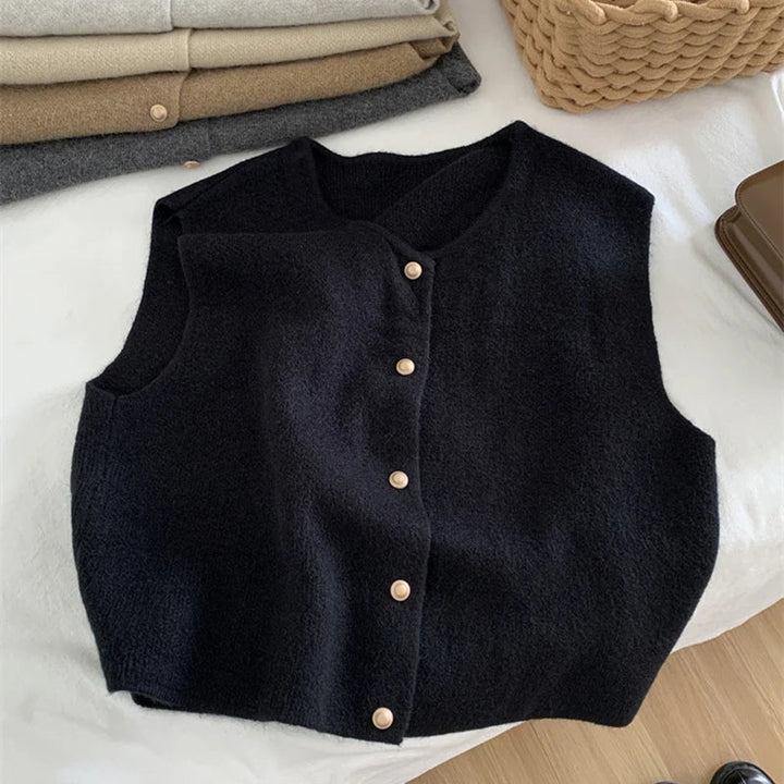 Versatile button-front women's wool blend knit gilet for effortless layering.