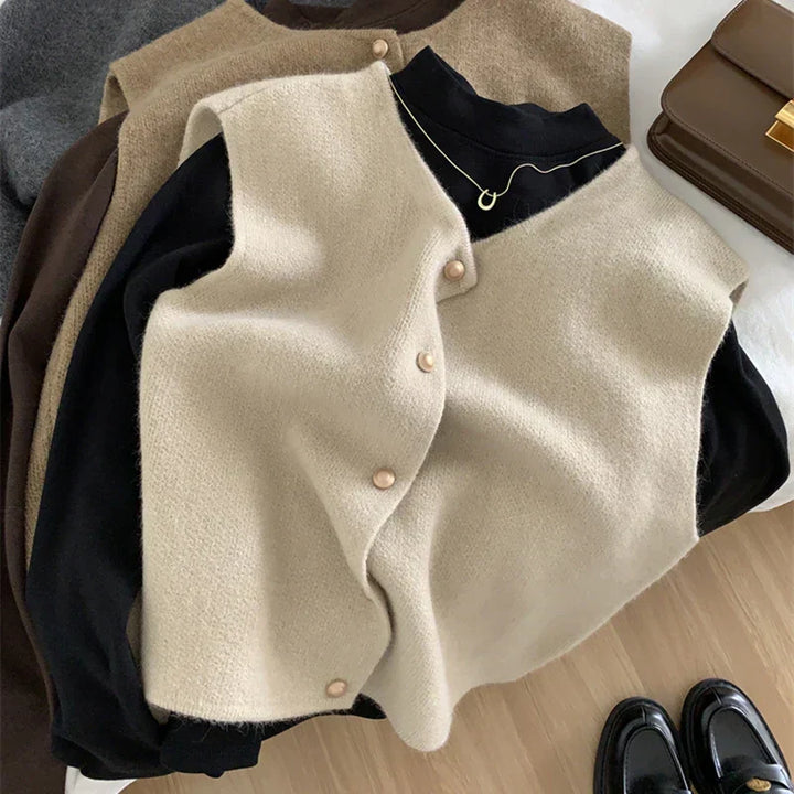 Breathable merino wool blend knit gilet with button-front, great for fall fashion.