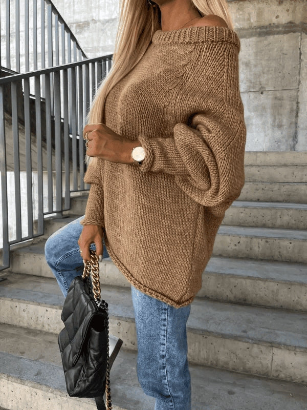 Cozy women's off-shoulder long-sleeve jumper. A loose-fit knit top for autumn & winter comfort.