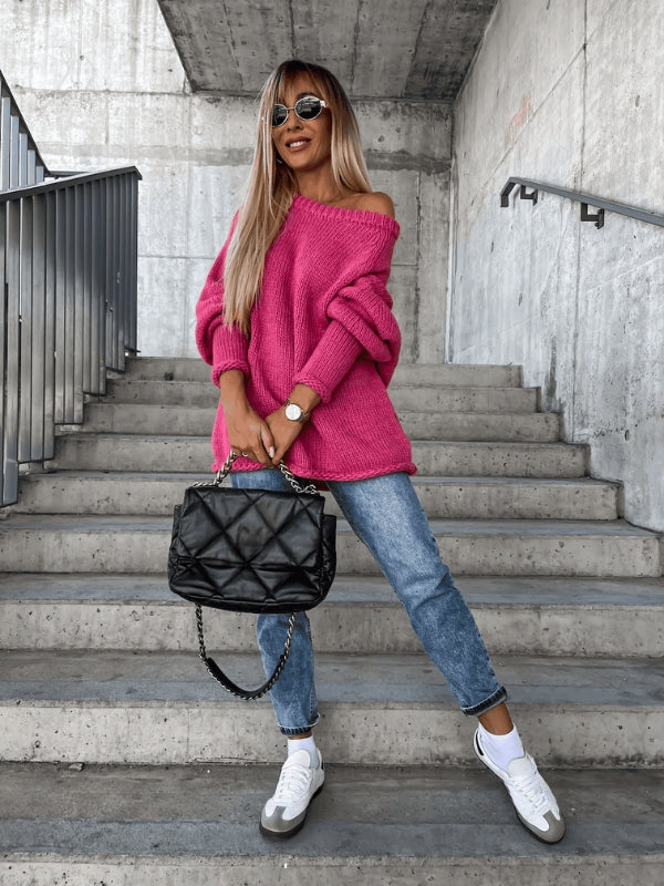 Autumn/winter women's off-shoulder knit jumper. Elegant & casual loose-fit sweater for daily wear.