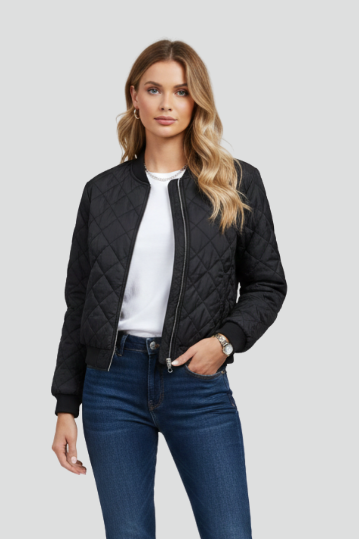 Stylish women's quilted zip jacket for effortless spring layering. Comfortable & casual everyday outerwear.