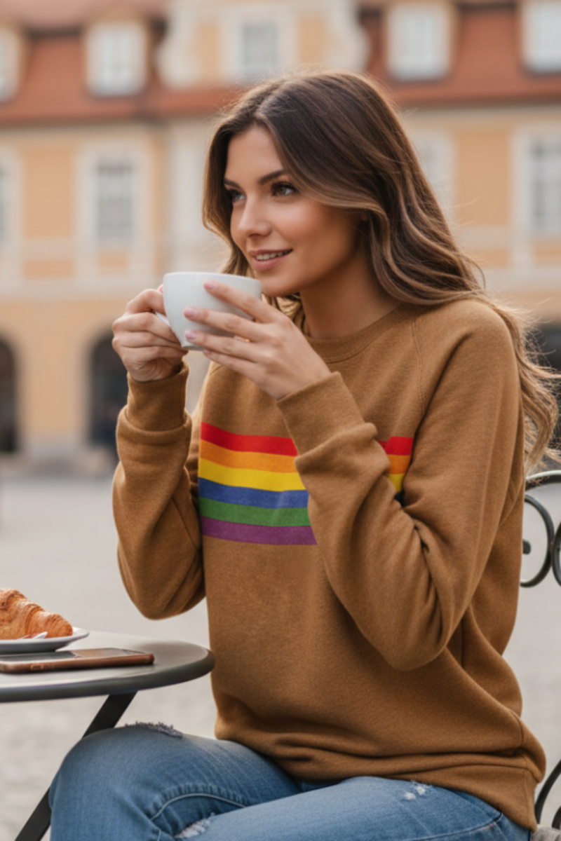 Vibrant women's retro rainbow striped sweatshirt. Cozy long-sleeve pullover for vintage style & everyday comfort.