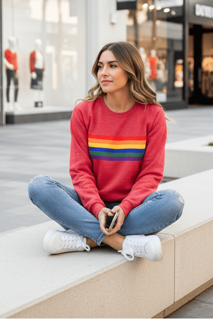 Relaxed fit women's rainbow striped pullover sweatshirt. Ideal long-sleeve top for casual layering & comfort.