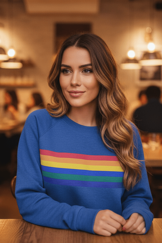 Stylish women's cozy rainbow striped sweatshirt, a long-sleeve pullover for casual and comfortable wear.