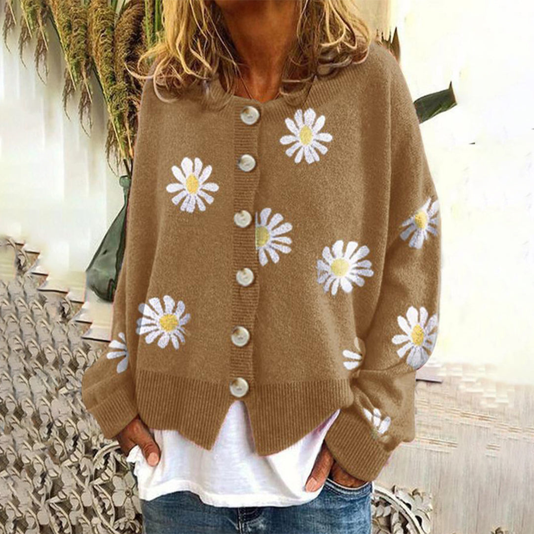 Women's cozy relaxed fit winter cardigan with delicate daisy floral pattern and button-up front
