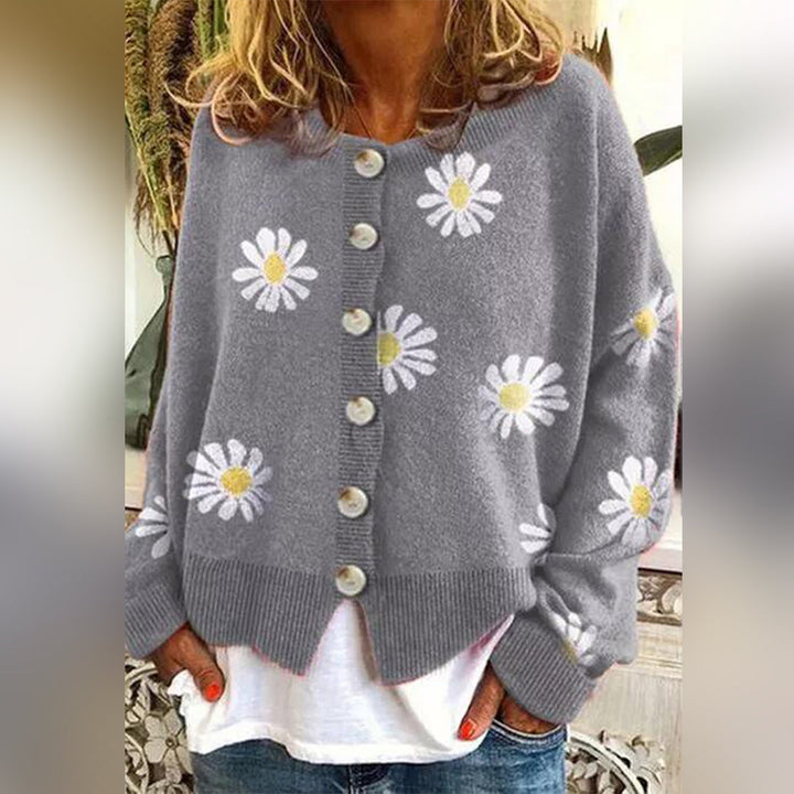 Stylish women's floral knit cardigan with a relaxed fit, perfect for winter and casual wear