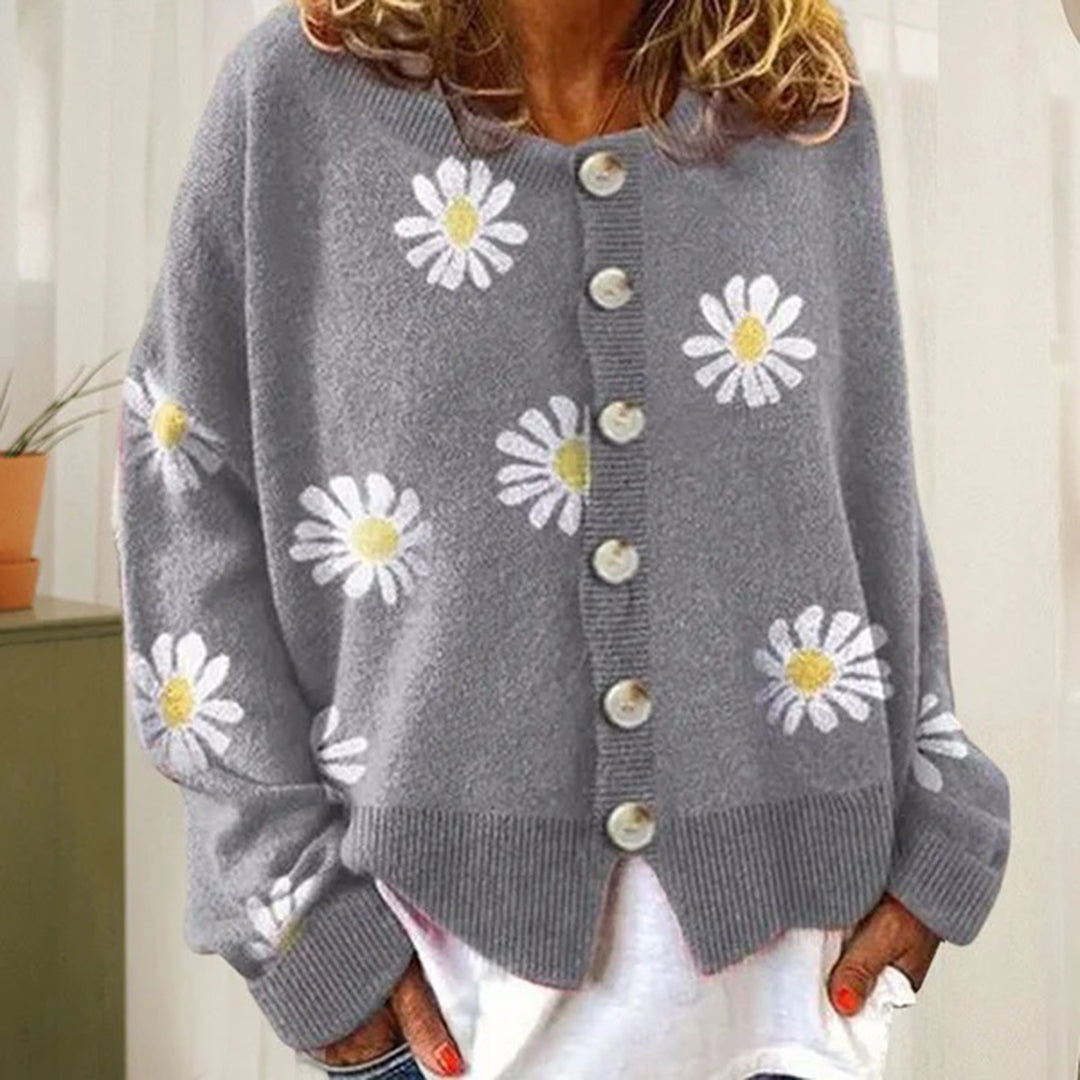 Comfortable women's button-up cardigan with a relaxed winter fit and a charming floral print