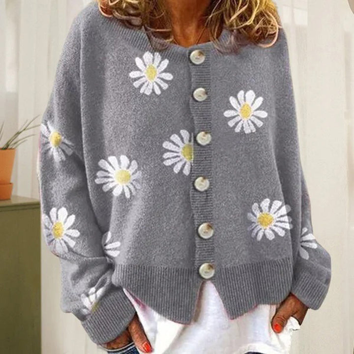 Comfortable women's button-up cardigan with a relaxed winter fit and a charming floral print