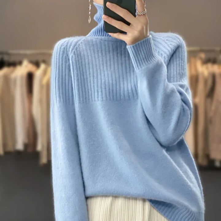 Women's cozy ribbed turtleneck sweater in a soft knit, perfect for winter comfort and casual wear.