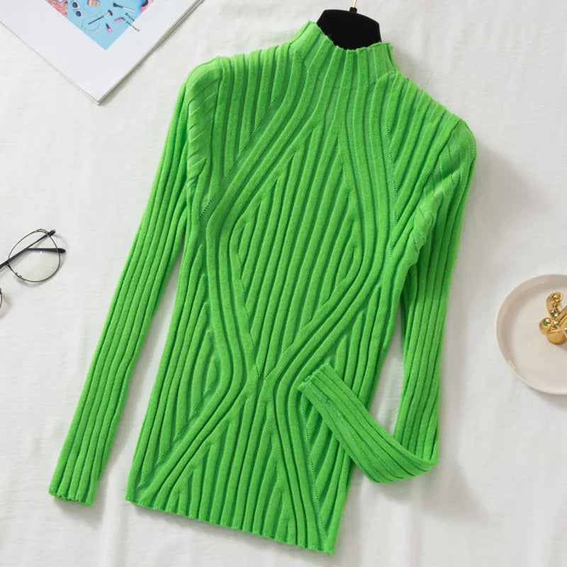 Flattering stretch fit women's roll neck long sleeve top for cozy autumn & winter fashion.