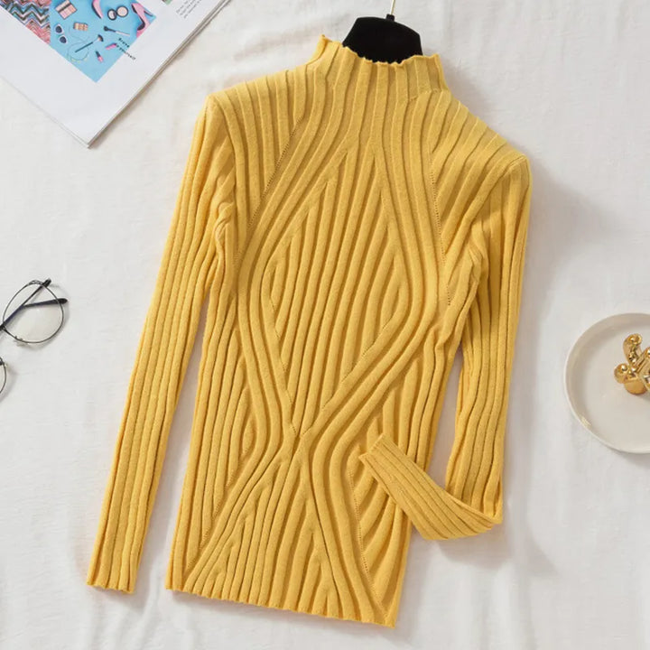 Stylish women's roll neck sweater, long sleeve, versatile for everyday wear or office chic autumn fashion.