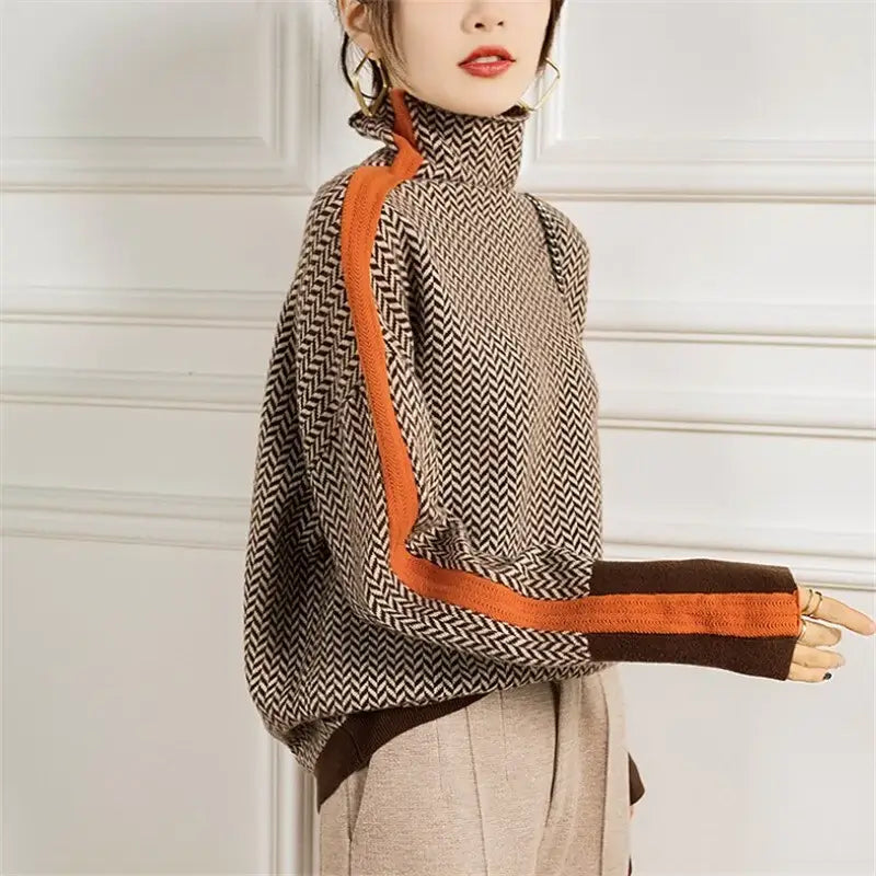 Close-up of a women's cozy knit roll neck sweater, highlighting its soft, timeless texture.