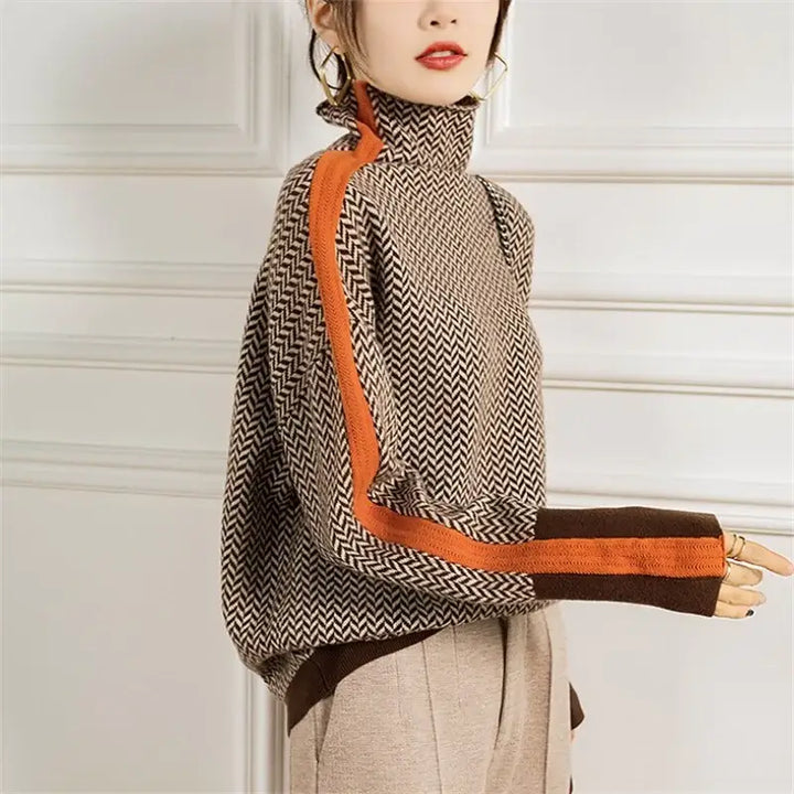 Close-up of a women's cozy knit roll neck sweater, highlighting its soft, timeless texture.