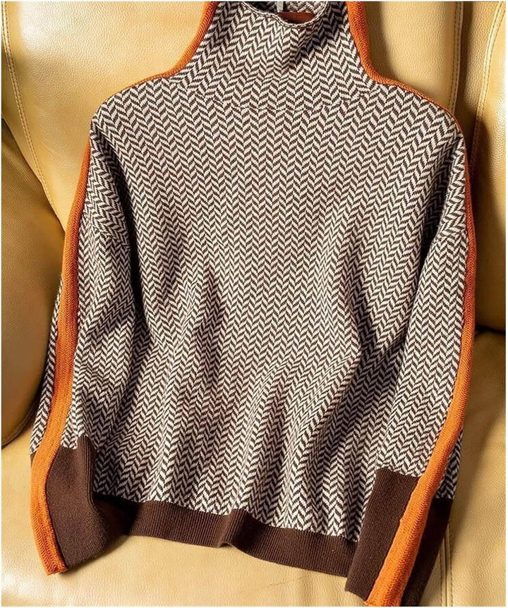 Woman wearing a warm, stylish roll neck knit sweater, perfect for autumn casual apparel.