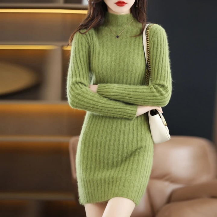 Women's cozy roll neck sweater dress for chic autumn style. Ribbed, long sleeve, above knee.