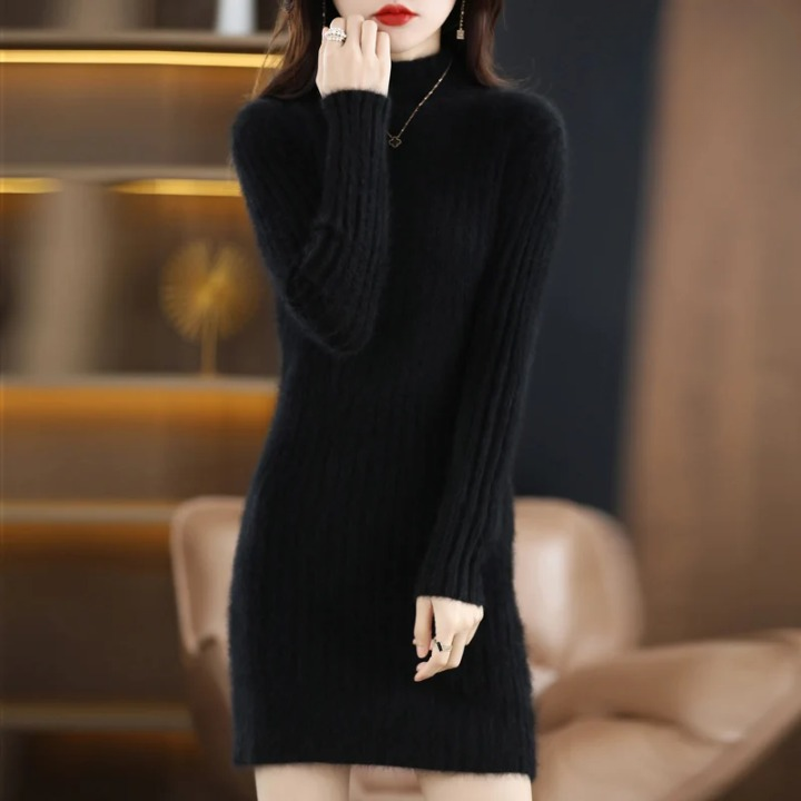 Comfortable women's turtleneck sweater dress. Long sleeve, knitted, perfect for fall and winter.