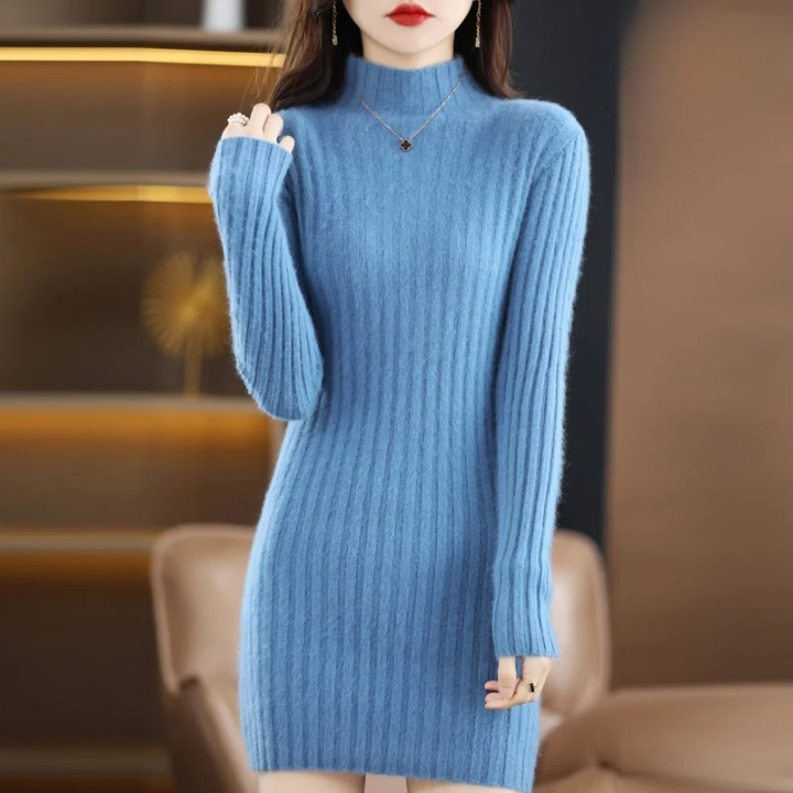 Chic casual women's sweater dress. Cozy roll neck, long sleeve, ribbed knit. Ideal for cool weather.
