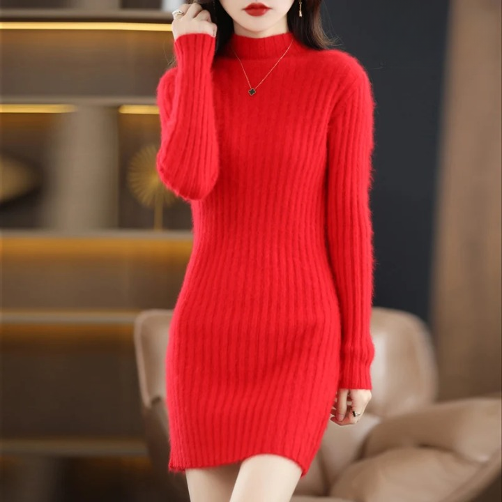 Autumn fashion women's roll neck dress. Warm, comfortable long sleeve sweater dress for fall style.
