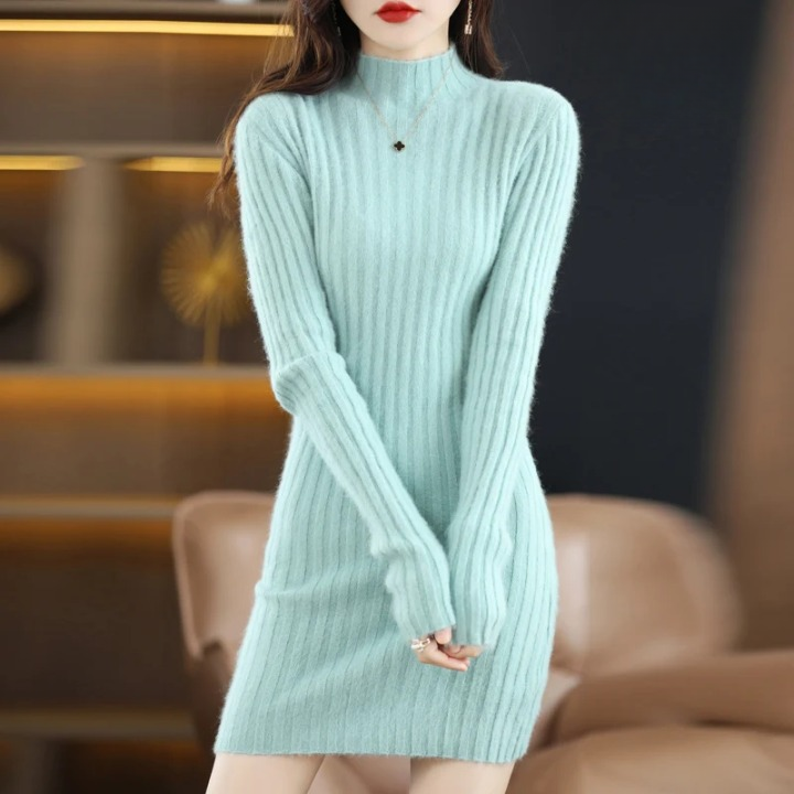 Women's winter roll neck sweater dress. Ribbed knit, long sleeve, above knee. Cozy and chic.
