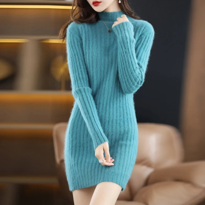 Cozy women's turtleneck dress. Long sleeve knitted sweater dress. Comfortable autumn/fall style.