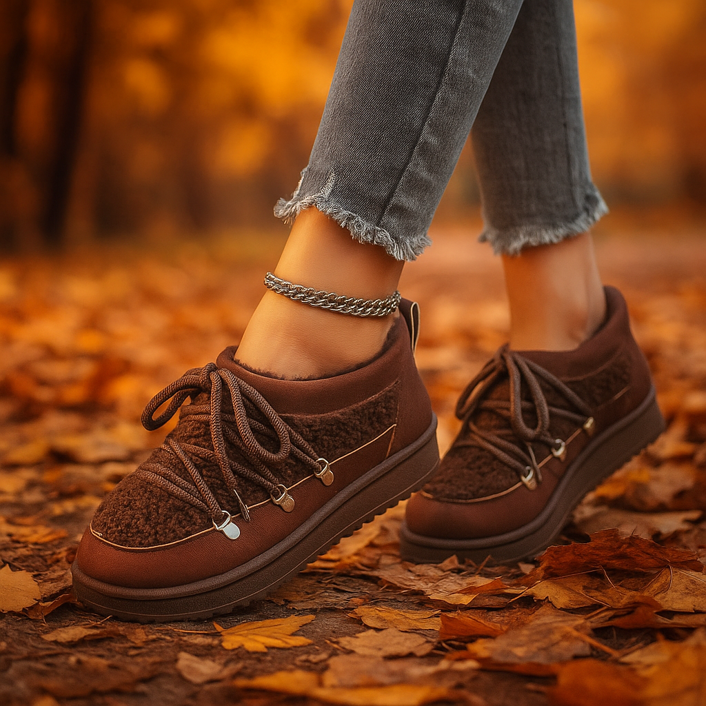 Side view of women's cozy winter boots featuring a warm sherpa and fleece interior