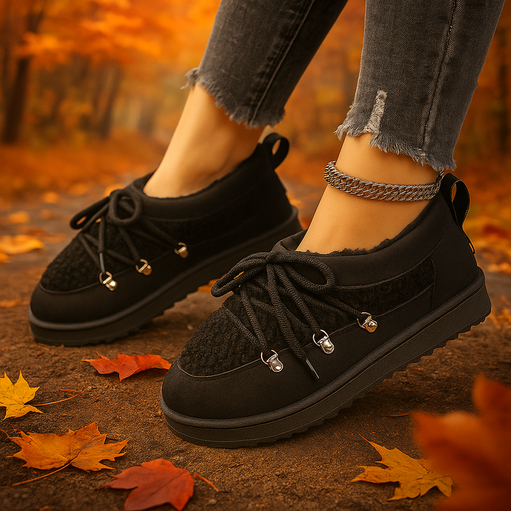 Comfortable women's winter boots, showcasing the soft sherpa fleece and sturdy laces