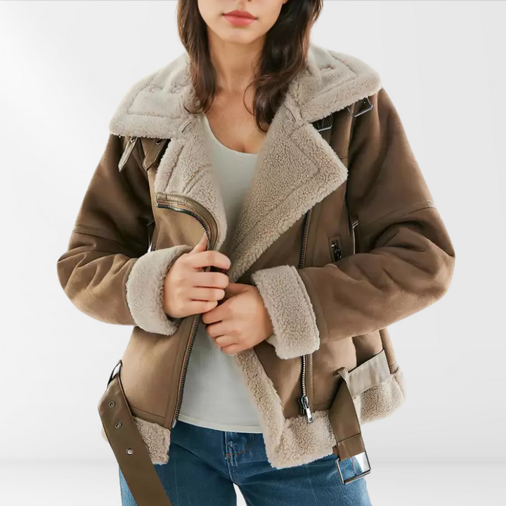 Women's cozy sherpa fleece zip bomber jacket, perfect for stylish fall and winter casual wear.