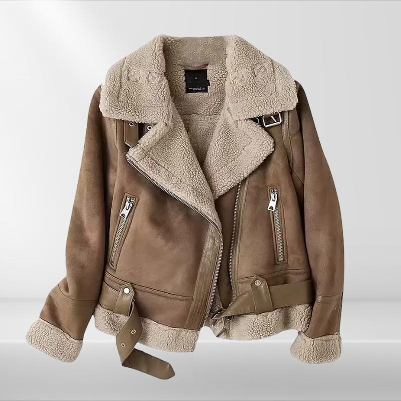 Warm women's sherpa fleece bomber jacket with full zip, ideal for cozy everyday fashion in cold weather.