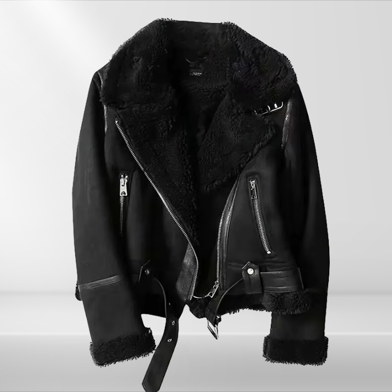Cozy women's winter bomber jacket. Stylish sherpa fleece with a zip, essential outerwear for cold weather comfort.