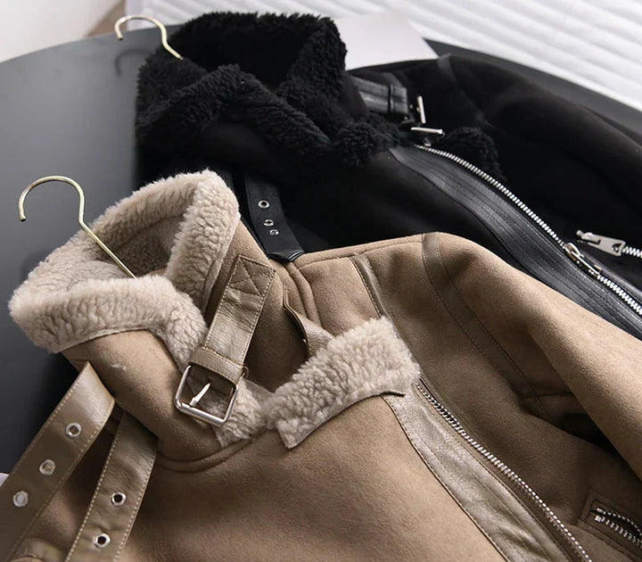Everyday women's cozy bomber jacket with zip. Warm, stylish sherpa fleece for fall and winter fashion outerwear.
