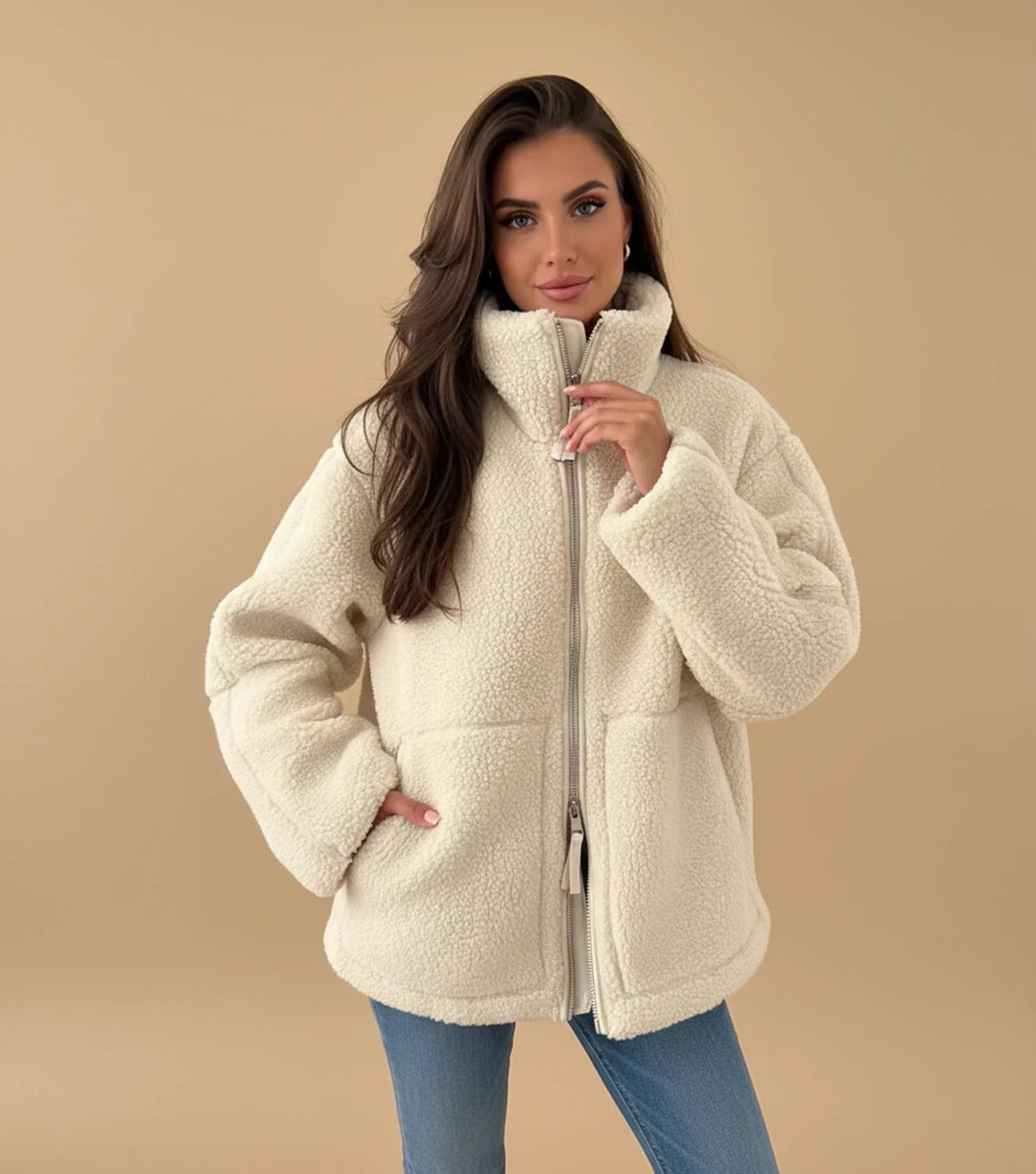 Women's cozy sherpa zip-up jacket for everyday warmth. Perfect for casual autumn & winter layering.