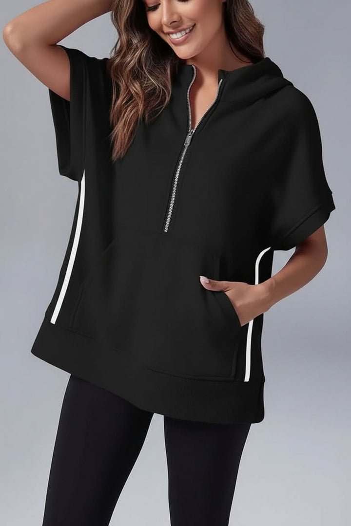 Stylish women's short sleeve half-zip hoodie, relaxed fit, perfect for spring fashion or summer streetwear.